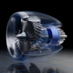 3D model of a jet engine design on dark background.