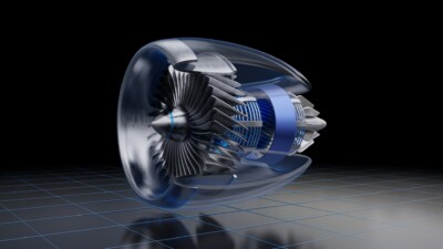 3D model of a jet engine design on dark background.