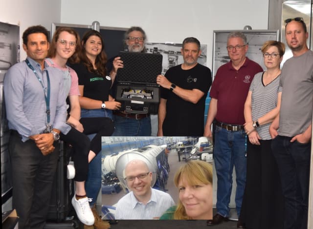 The multi-resolution scanning team prepares to send off the multi-resolution scanning payload for launch in the United States. Left –to right: Marc Elmouttie (CSIRO Project Lead), Tea Molnar, Lauren Hanson, Matt van de Werken, David Haddon, Ross Dungavell, Anna Campbell, Paul Flick Inset: Connie Miller (Boeing Space & Launch Principal Investigator) & Leighton Carr (Boeing Australia Principal Investigator) Absent: Peter Dean, Michael Lofgren, Rosie Attwell Image: CSIRO