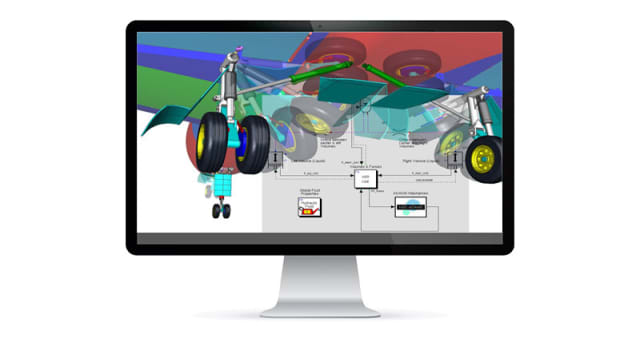A multibody dynamics simulation of aircraft landing gear using Adams software. (Image: Hexagon.)