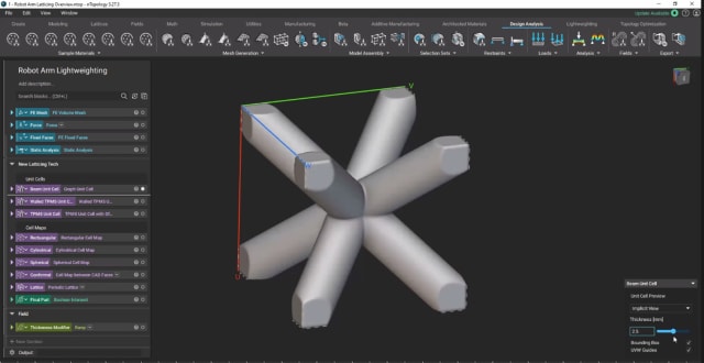 nTopology lets you pick the lattice element from a library of elements. Element shapes are parametric, so size and shape can be altered. The element is replicated in 3 dimensions to fill a volume.