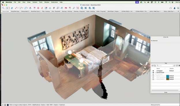 It's a mosaic more than a 3D photo. You'll have to hide it to see the 3D SketchUp model.