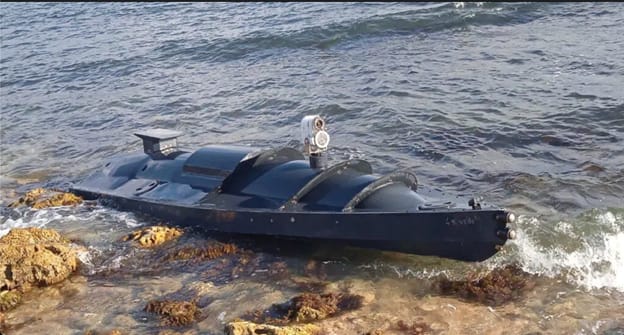Ukrainian uncrewed surface vessel (USV) circulating on Russian social media washed up near the Russian naval base of Sevastopol in Crimea late September 21, 2022. Note contact fuses on front of vessel, camera on midsection and what appears to have a satellite antenna mounted on at the tail. Image:X (Twitter)