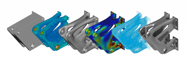 Design, solve, repeat. Topology optimization iterates through design and simulation—repeatedly and automatically—until a part is as simple as possible—but no simpler. At least theoretically. (Picture courtesy of nTopology.)